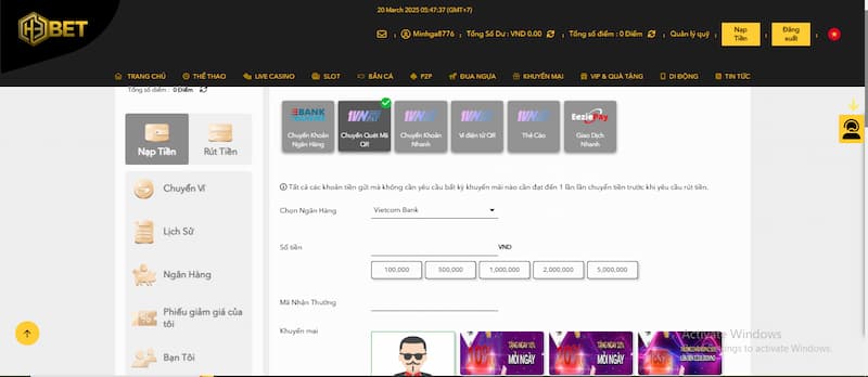 Nạp tiền rút tiền 1 thủ tục nạp tiền rút tiền H3BET