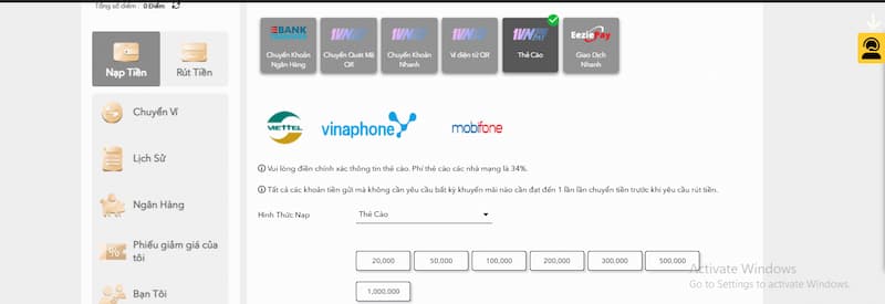 Nạp tiền rút tiền 3 lựa chọn nạp tiền H3BET